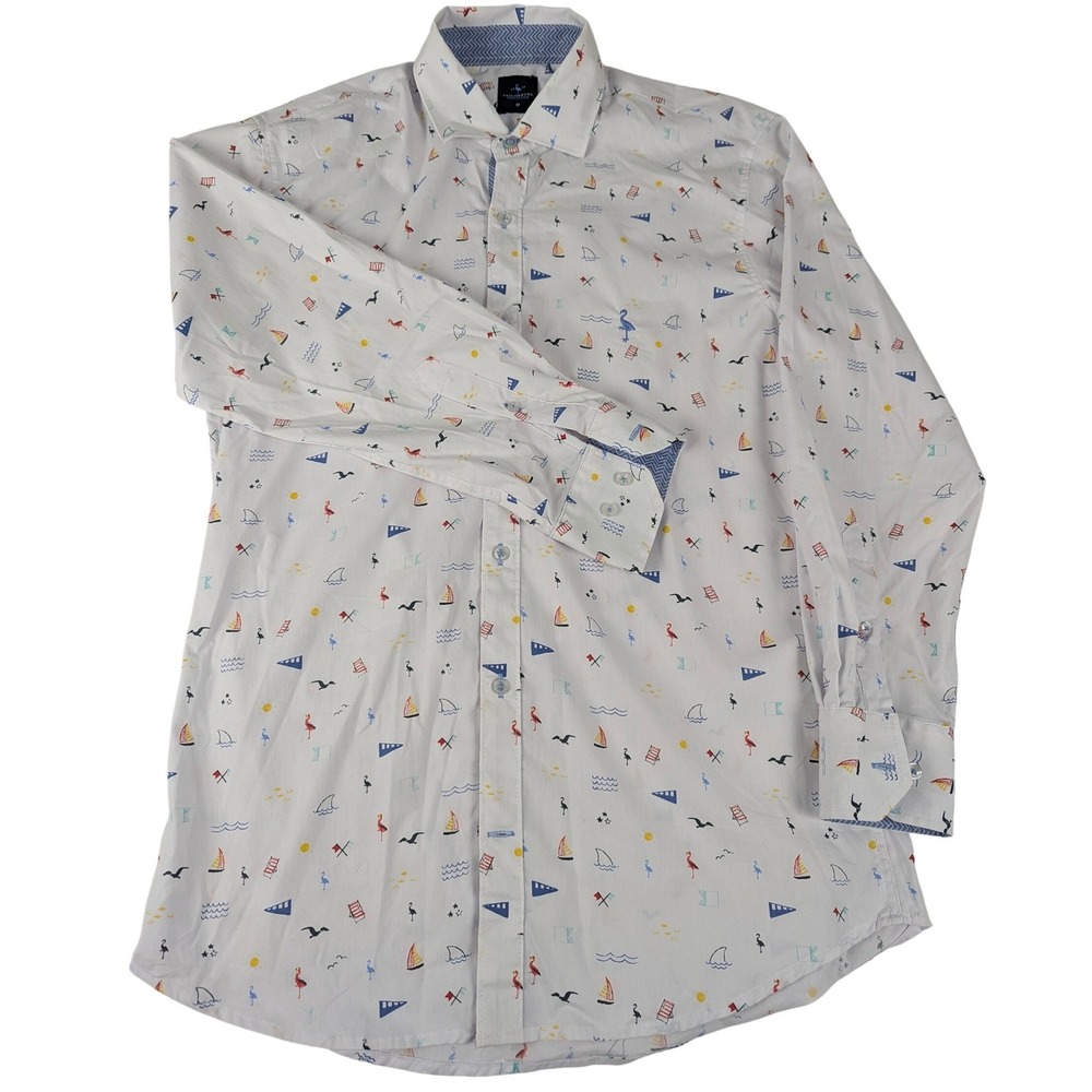 TailorByrd Mens White Nautical Beach Print Button Down Shirt Med Flamingo Shark